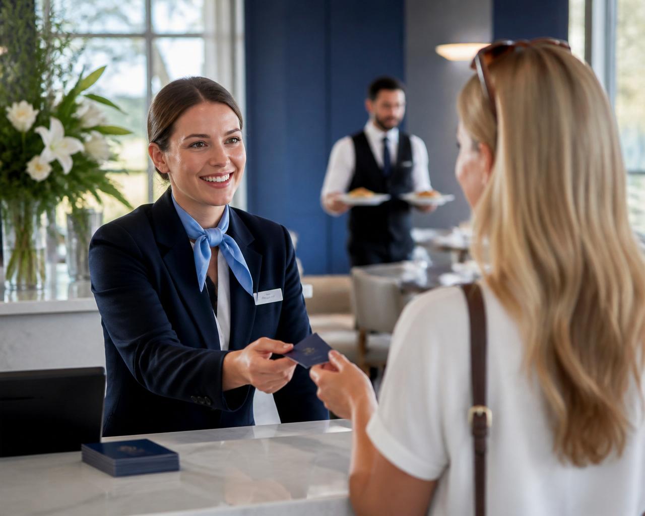 Hotel receptionist welcoming a guest at the front desk while a waiter serves plates in the background